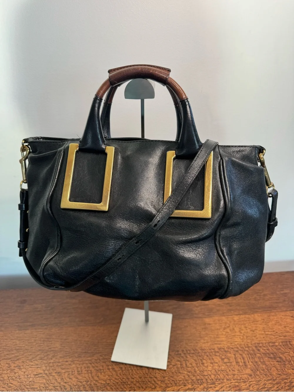 Chloé Vintage Ethel Black Leather Satchel/Crossbody with Gold Hardware with COA